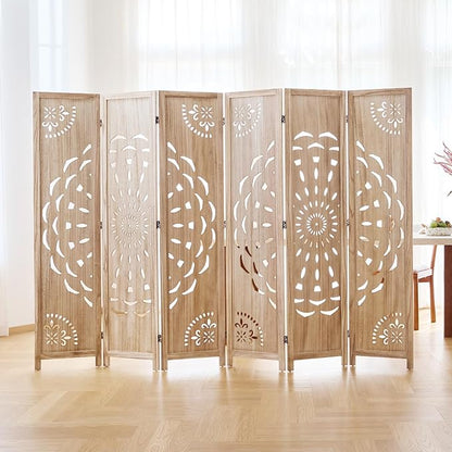 66.9Inch Wooden Room Partition - 6 Panels Boho-Styled Space Room Divider for Home/Office, Headboard & Yoga/Photo/Video Call Backdrop (Natural)