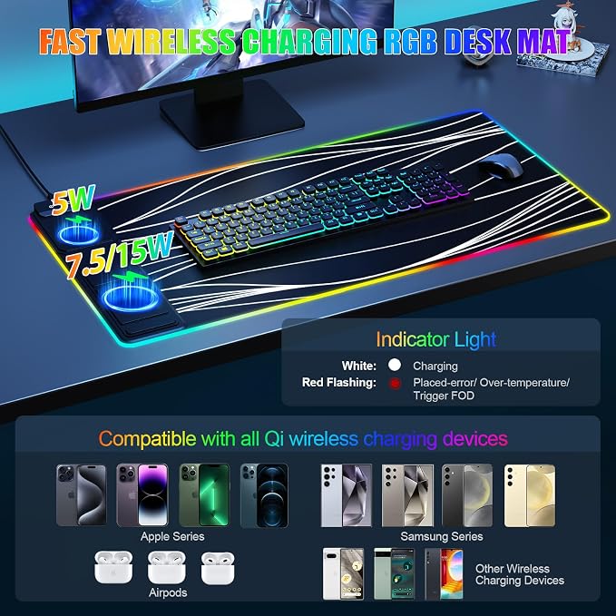 Mouse Pad with Phone Holder, Wireless Charging Desk Mat, RGB Gaming Mousepad Home Office Large Desk Pad with Ultra-Smooth Surface, Non-Slip Base, Waterproof Keyboard Pad,Wavy Black