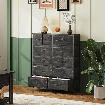 WLIVE Tall Dresser for Bedroom with 12 Drawers, Dressers & Chests of Drawers, Fabric Dresser for Closet, Living Room, Storage Dressers with Storage Drawers, Wood Top, Charcoal Black Wood Grain Print