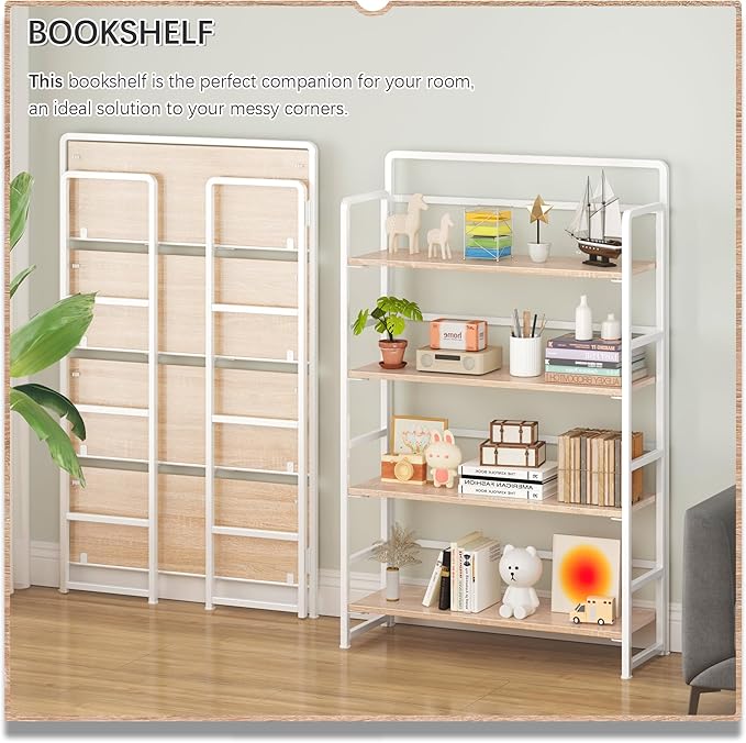 4NM No Assembly Extra Wide 4 Tiers Folding Bookshelf Storage Shelves Vintage Bookcase Standing Racks Study Organizer Home Office (Natural White)