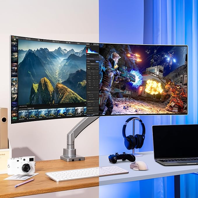 AVLT Single 17"-57" Super Ultrawide Monitor Arm for Screens Up to 59.5 lbs, Premium Aluminum Desk Stand, Adjustable Pneumatic Height, Full Motion Swivel Tilt Rotation, USB-C & USB-A Ports, Gray