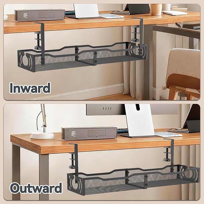Cable Management, 25.3'' Under Desk Cable Management Tray No Drill, Metal Cable Organizer with Clamp for Wire Management, Cord Organizer for Home Office, Desk Accessories Organizer, Black