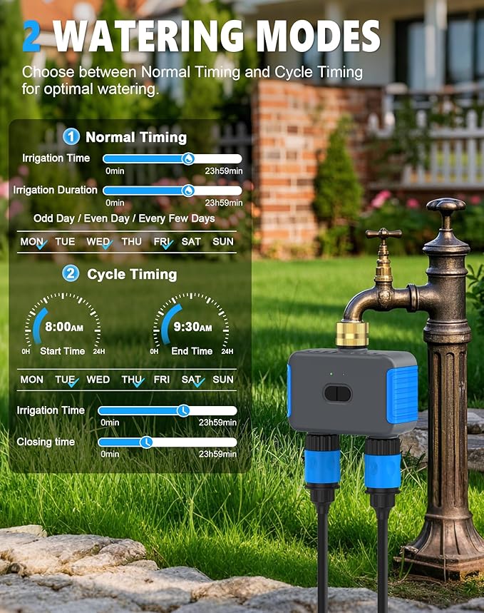 WiFi Sprinkler Timer, Smart Bluetooth Hose Timers, Water Timer for Garden Hose with APP, Digital Automatic Irrigation System Compatible with Alexa Google, for Outdoor Garden Lawn, 2 Outlet