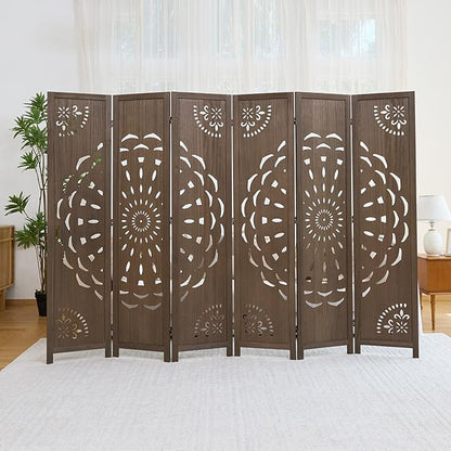 66.9Inch Wooden Room Partition - 6 Panels Boho-Styled Space Room Divider for Home/Office, Headboard & Yoga/Photo/Video Call Backdrop (Brown)