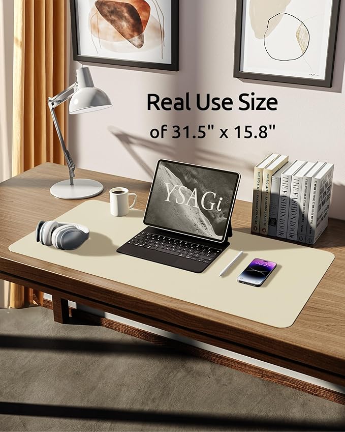YSAGi Leather Desk Protector, Office Mat, Large Mouse Mat, Non-Slip PU Leather Blotter, Laptop Desk Mat, Waterproof Writing Pad for Office and Home (Cream, 31.5" x 15.8")