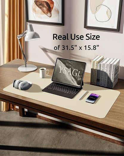 YSAGi Leather Desk Protector, Office Mat, Large Mouse Mat, Non-Slip PU Leather Blotter, Laptop Desk Mat, Waterproof Writing Pad for Office and Home (Cream, 31.5" x 15.8")