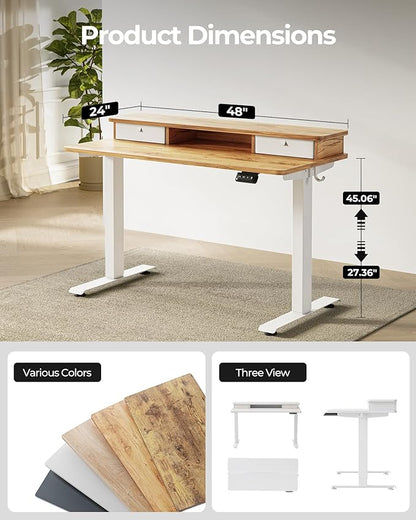 FEZIBO 48'' x 24'' Standing Desk with Double Drawers, Adjustable Desk, Home Office Stand Up Table with 4 Height-Adjustable Feets & 2 Hooks, Light Rustic
