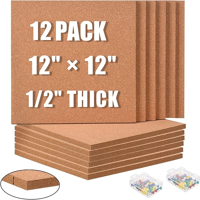 SUNGIFT Cork Board 12"x12" - 1/2" Thick Square Bulletin Boards 12 Pack Cork Tiles with 100 PCS Push Pins Mini Wall Self-Adhesive Corkboards Tiles for Wall