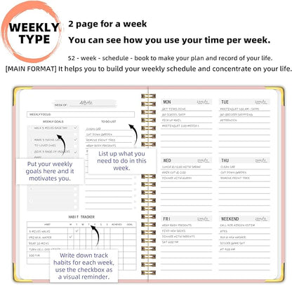 Undated Weekly Planner with Metal Corner Hardcover Notebook , A5 Size Journal with To Do List Planner, Habit Tracker,Weekly Goals for ADHD,Student, Office, Women, Men ,Gifts,6 x 8 inches，Spiral Bindding ,Pink