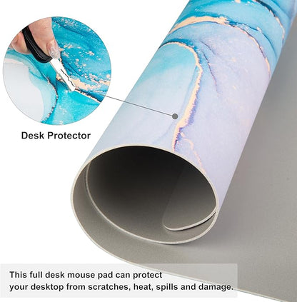 QiyI Large Mouse Pad, PU Leather Desk Mat for Desktop, Waterproof Gaming Pad, Marble Full Desk Accessories Keyboard Mousepad, Abstract Art Home Office Décor 31.5" x 11.8" - Blue Pink Fluid