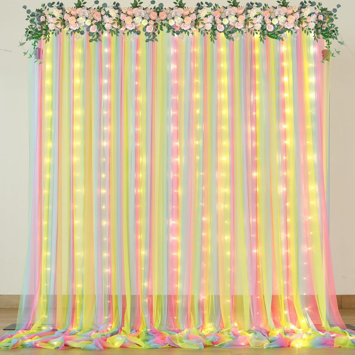 Rainbow Tulle Backdrop Curtain with Lights String 10x8ft Rainbow Sheer Backdrop Curtains for Girls Birthday Party Baby Shower Photo Shoot Background Decorations