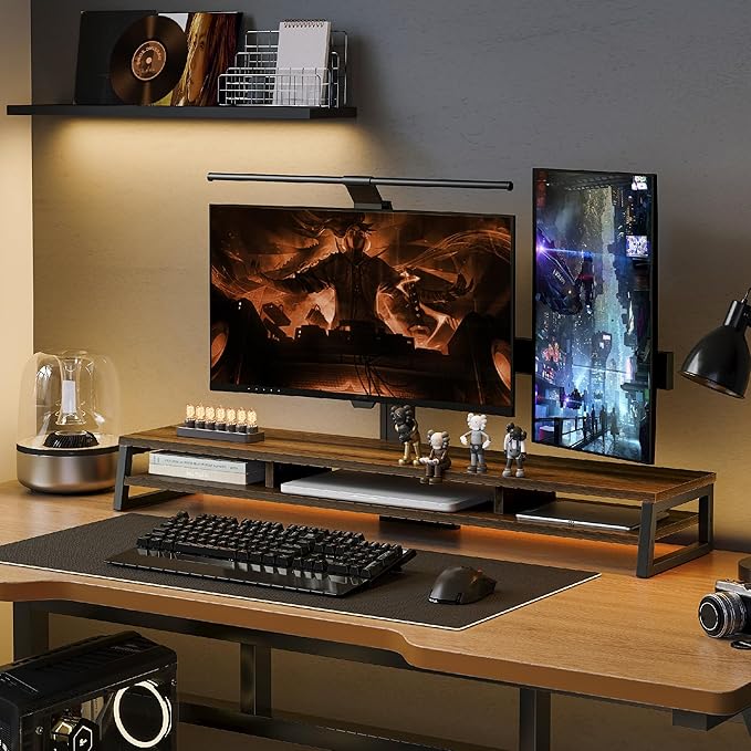 Fenge Dual Monitor Stand for Desk, 42.5in Large Monitor Riser for 2 Monitors, 2 Tier Computer Office Desk Top Shelf, Desktop Storage Stand for Laptop, PC, Computer, Printer