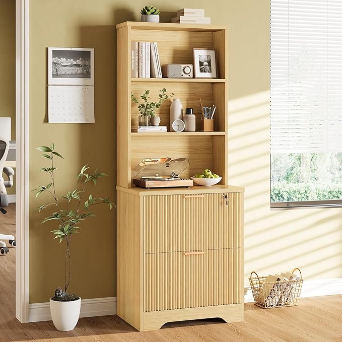 SEDETA 2 Drawer File Cabinet with Lock, Wood Filing Cabinet fits Letter, Legal, A4 Size, Hanging File Folders, Farmhouse File Cabinets for Home Office with Adjustable Storage Shelf, Natural Oak