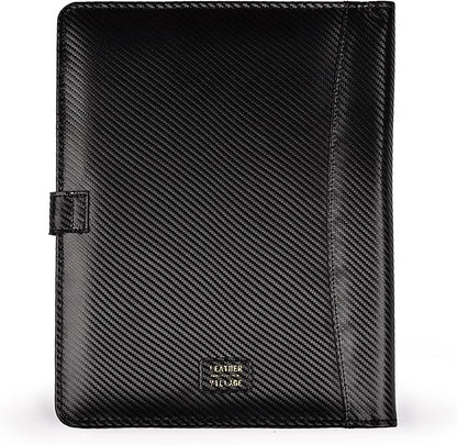 LEATHER VILLAGE Portfolio Professional Organizer– Carbon Fiber Genuine Leather Padfolio Resume Folder for A4 Letter Pad with Pen Holder, Business Card Slots – Ideal for Men & Women- Black Orange