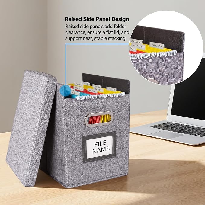 2 Pack Hanging File Folders Organizer with Lid, Letter Size Fabric File Storage Box Collapsible, Portable Office Document Holder with Metal Handle, Smooth PVC Rails, Gray