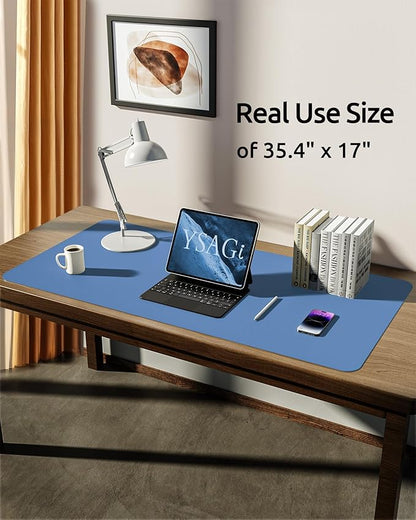 YSAGi Leather Desk Protector, Office Mat, Large Mouse Pad, Non-Slip PU Leather Blotter, Laptop Desk, Waterproof Writing Pad for Office and Home (Sea Blue, 35.4" x 17")
