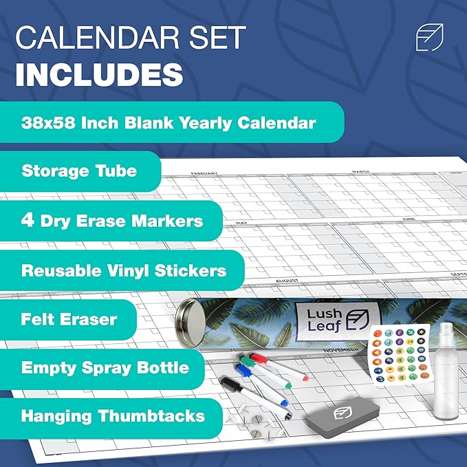 Large Dry Erase Calendar for Wall, 38" x 58" - Undated, Yearly, Reusable - Full 12 Month Year - Includes Markers, Eraser & Accessories