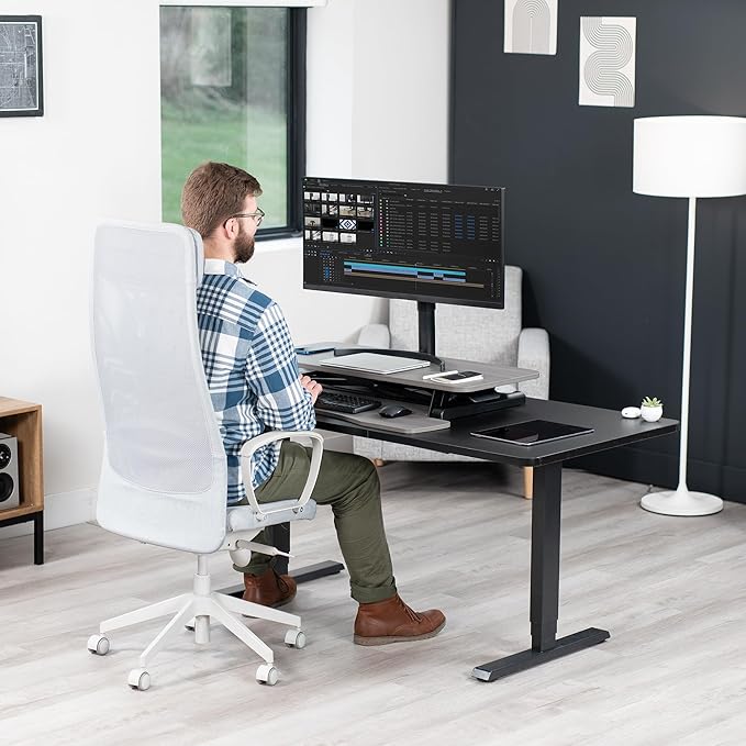 VIVO 36 inch Desk Converter, K Series, Height Adjustable Sit to Stand Riser, Dual Monitor and Laptop Workstation with Wide Keyboard Tray, Gray Top, Black Frame, DESK-V036KG