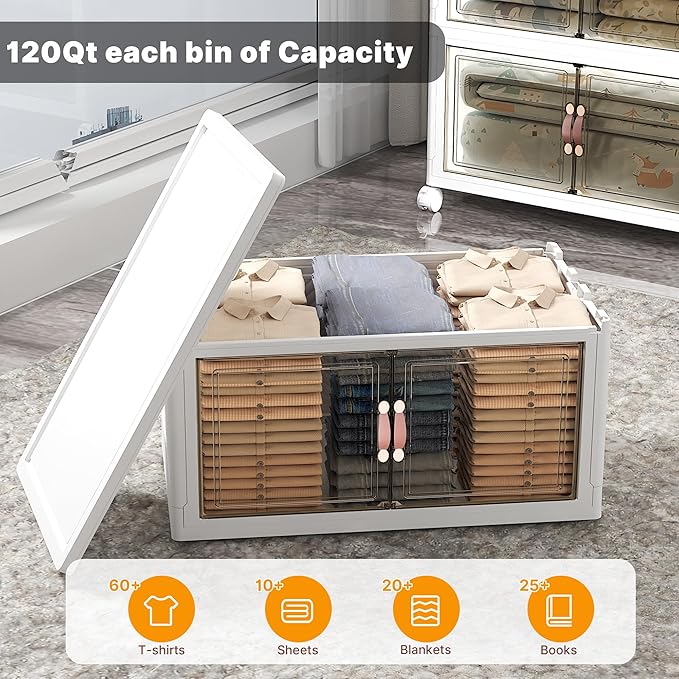 UAMFURI Extra Large Stackable Storage Bins with Lids & Wheels & Door, 896QT-112QT/28GAL*8Pack Foldable Collapsible Closet Organizers, Plastic containers drawers for bedroom Dorm