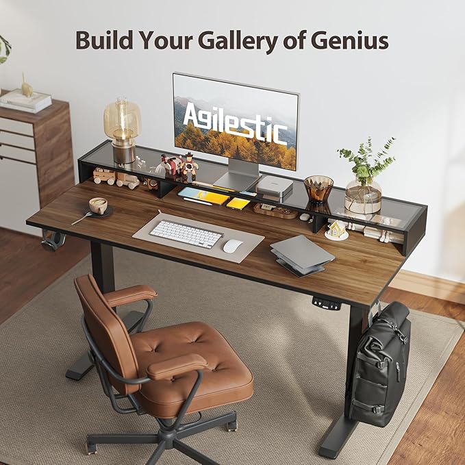 Agilestic Glass Standing Desk with Storage, 48 Inch Electric Adjustable Desk with Glass Shelf, Sit Stand Up Home Office Computer Table, Splice Board, Dark Walnut