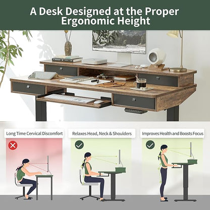 FEZIBO 55'' x 24" Height Adjustable Electric Standing Desk with 4 Drawers and Keyboard Tray, Home Office Table for Work, Study, Gaming, Writing, Rustic Brown