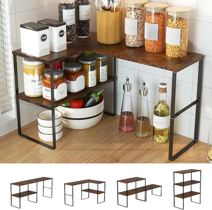 Golener Countertop Organizer Corner Shelf, 2 Tier Adjustable Stackable Corner Shelves for Kitchen, Bathroom, Spice Rack, Coffee Area, Over Sink, Dresser Table, Corner Counter Shelf Stand, Rustic Brown