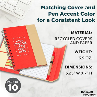 DISCOUNT PROMOS Custom Eco Friendly Spiral Notebooks with Pens Set of 10, Personalized Bulk Pack - Perfect for School, Office, Home - Red