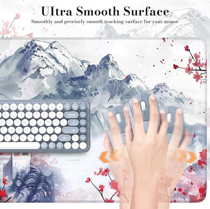 iCasso Desk Protector Mat, Large Japanese Mouse Pad, Stable Rubber Base Mousepad with Stitched Edges, Keyboard Mouse Mat Desk Pad for Work, Game, Office, Home(Sakura)
