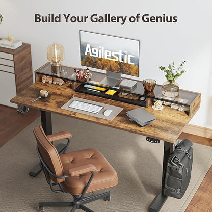 Agilestic Glass Standing Desk with Storage, 48 Inch Electric Adjustable Desk with Glass Shelf and Cable Management, Sit Stand Up Home Office Computer Table, Splice Board, Rustic Brown