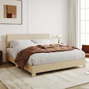Full Size Upholstered Bed Frame Adjustable Headboard, Beige