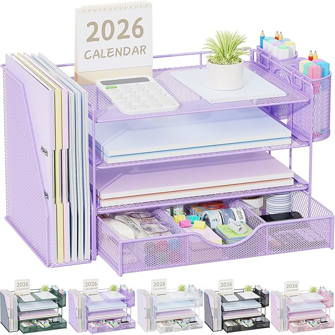gianotter Desk Organizers and Accessories with File Holder, 4-Tier Desk Accessories & Workspace Organizers with Drawer and 2 Pen Holder, Paper Organizer for Office Supplies (Purple)