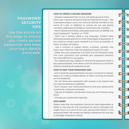 Clever Fox Password Book Spiral – Internet Address & Password Organizer with Laminated Alphabetical Tabs – Password Keeper Journal – Hardcover, Medium Size, 6.1x7.7” (Turquoise)