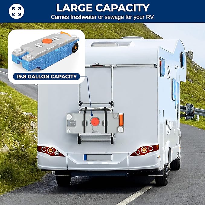 SereneLife 20 Gallon / 75L RV Water Tank – Camper Accessories Portable Container with Level Indicator, Rotating Spout, Metal Handle & Heavy-Duty Wheels, Suitable for Freshwater or Sewage Storage