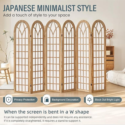 Aletheiawu 6 Panel Room Divider Wall Shoji Screen, Japanese Wood Room Divider for Room Separation, Folding Privacy Screen, Portable Room Partition for Home Office Restaurant - Natural
