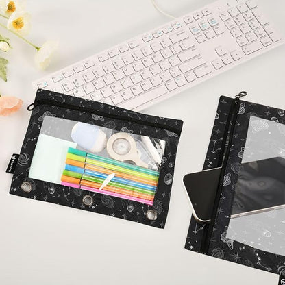 Space Planet Stars Moon Binder Pouches 3 Ring for Boys Girls School Office College Supplies Galaxy Black Universe Rocket Pencil Pouches Case Bag with Clear Window and Zipper 2 Pack