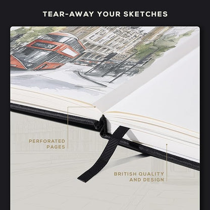 Beechmore Books A3 Sketchbook – 11.7x16.5 Premium Vegan Leather Bound Extra Large Sketch Book Hardcover, 160gsm 160 Perforated Ivory Pages, Blank Sketch Pad, Gift Boxed, Back Pocket, Ribbon Bookmark