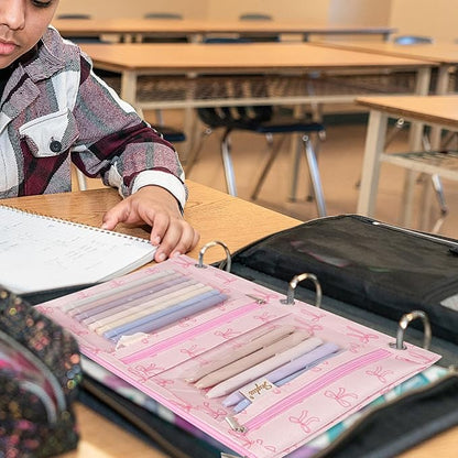 SKYDUE Binder Pencil Pouch for 3 Ring Binder, 3 Compartment Zipper Case, Large Capacity Pen Organizer with Clear PVC Window for School Supplies, Students, Kids & Teachers