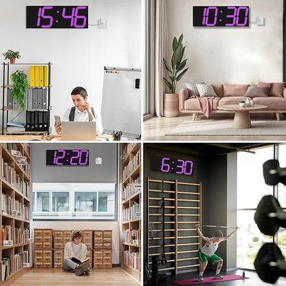 LED Large Digital Wall Clock, Oversize Wall Clock with 6” Numbers, Remote Control Count up/Countdown Timer Clock, Auto Dimmer, Big Calendar and Thermometer(Purple)