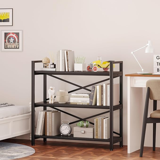 Homeiju 3 Tier Bookshelf 31.49" Width, Wood and Metal Etagere Bookcase, Vintage Farmhouse Modern Wooden Big Book Shelf for Home Living Room Bedroom Office Storage(Black)