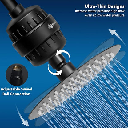 NearMoon Shower Head and 15 Stage Shower Filter Combo, High Pressure Filtered Shower for Hard Water, Improves the Condition of Your Skin, Hair (8 Inch, Black)