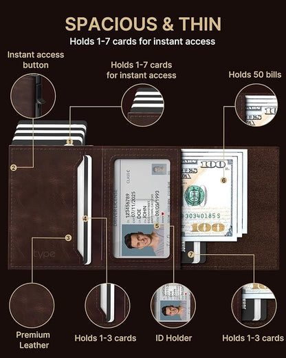 typecase Mens Wallet Card Holder: Pop Up Aluminum Case, Genuine Leather, Smart, RFID Blocking, Slim, Minimalist, Front Pocket - 9-14 Card Capacity | ID Window | Cash Slot - Oil Wax Brown