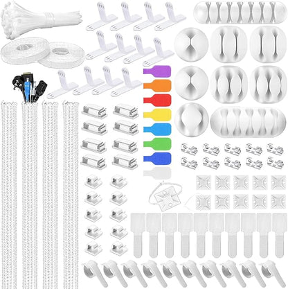 Ditar 193 PCS Cable Management Kit - 4 Cable Sleeve, 57 Self Adhesive Cable Clips, 12 Hanging Strips, 12 Cable Organizer Straps and 100 Fastening Cable Ties for TV Computer Under Desk (White)