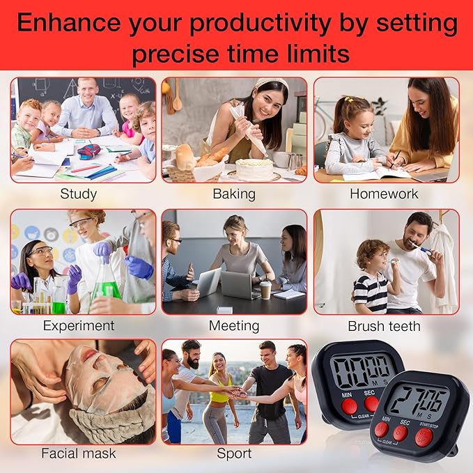 Leumoi 24 Pcs Digital Kitchen Timers Magnetic Back Timers Bulk Large Screen Loud Alarm On/Off Switch Minute Second Count up Countdown Memory Setting for Cooking Classroom Exercise(Black and Red)