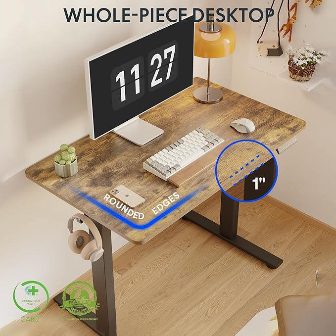 FLEXISPOT One-Piece Electric Standing Desk, 48 x 30 Inches Adjustable Desk with Seamless Desktop, Memory Controller Height Adjustment (Black Frame + Rustic Brown Desktop, 2 Packages)