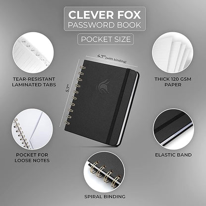 Clever Fox Password Book Spiral – Mini Internet Address & Password Organizer with Laminated Alphabetical Tabs – Small Password Keeper Journal – Hardcover, Pocket Size, 4.7x5.7” (Black)