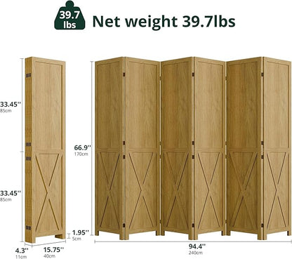 Cozy Castle Wood Room Divider, 6 Panels Folding Privacy Screen, 66.9'' Wall Divider, Barnwood Room Separator, Freestanding Partition, Temporary Wall for for Home Office Restaurant Decorative, Natural