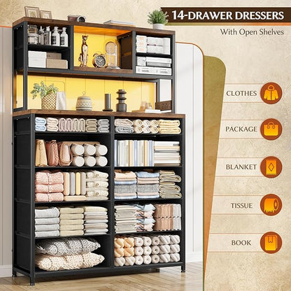 EnHomee 62.8" H Dresser for Bedroom with Multiple Drawers,Fabric Dresser with Charging Station and LED Lights,Dressers & Chests of Drawers for Bedroom, Steel Frame & Wooden Top,Rustic Brown