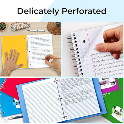 Rosmonde 3 Subject Notebook College Ruled, 12 Pack, 150 Sheets(300 Pages), No-Bleed Paper, 3 Hole Punched, 8x10-1/2, 3 Subject Spiral Notebook for School, Home & Office, Assorted Colors