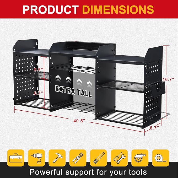 ERVNYNT 3 layers power tool organizer Loads 150lbs with 8 Cordless Drill Holder and 8 Outlet Power Strip,it’s good choice for husband birthday gift,black