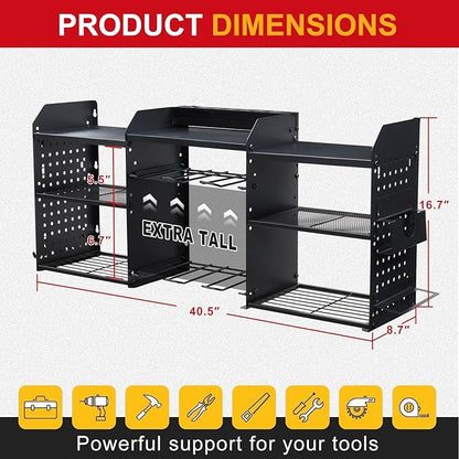 ERVNYNT 3 layers power tool organizer Loads 150lbs with 8 Cordless Drill Holder and 8 Outlet Power Strip,it’s good choice for husband birthday gift,black